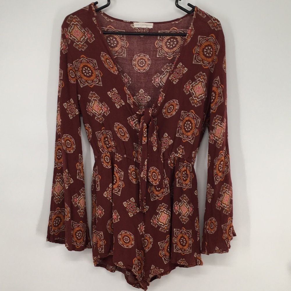 Long Sleeve Boho Red And Orange Romper - image 1